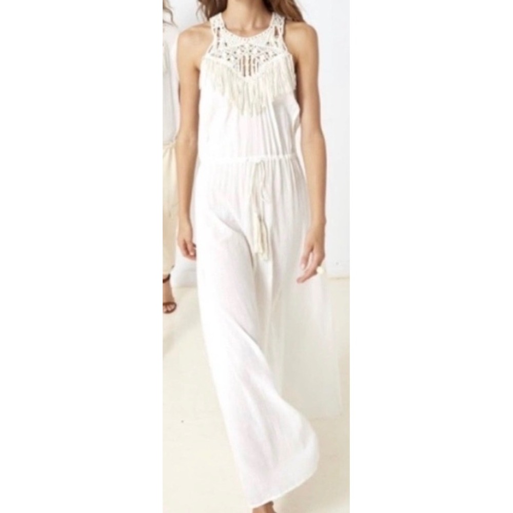 Ulla Johnson White Macrame Crochet Fringe Wide Leg Jumpsuit Boho Sleeveless 0